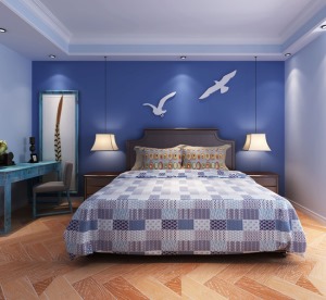 男孩房简约蓝色调，两只海鸥，由设计师现场灵感创作，以石膏板精雕而成，自由的气息充斥整个空间。