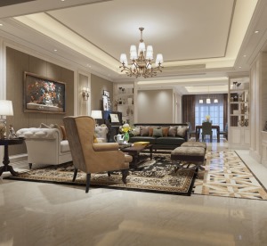 一楼客厅设计以软装家具为主，沙发背景墙选用咖色硬包+挂画装饰，搭配浅色沙发，干净清爽。