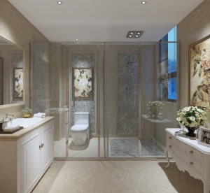 主卫以透明玻璃干湿分离卫浴空间，纯净大气的白，简单透亮的美。