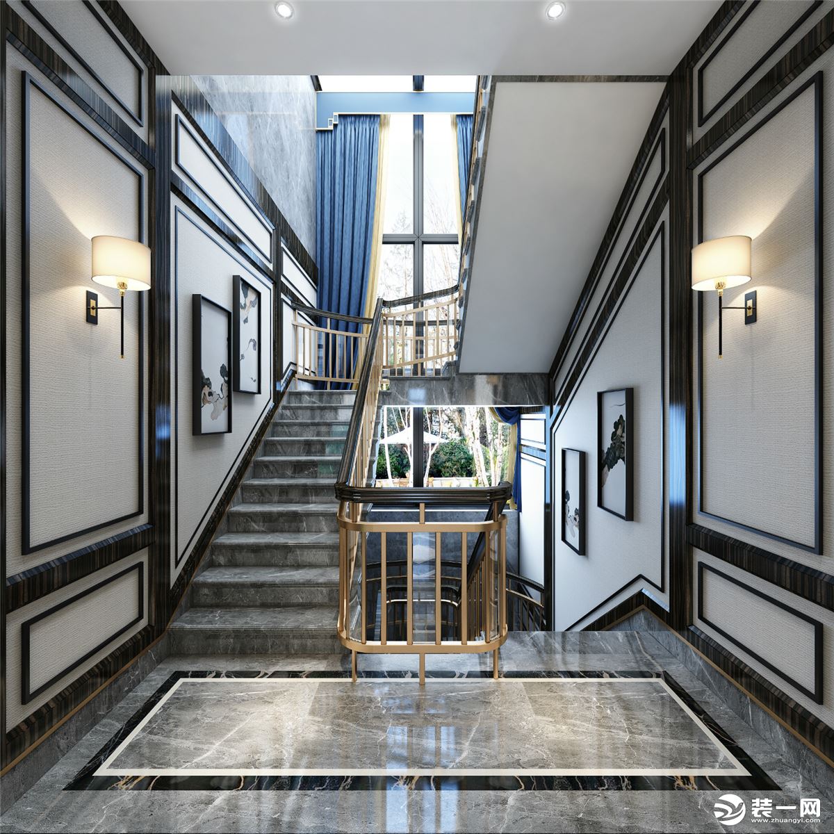 宜昌龙盘湖高尔夫别墅6号380平新中式装修效果图楼梯
