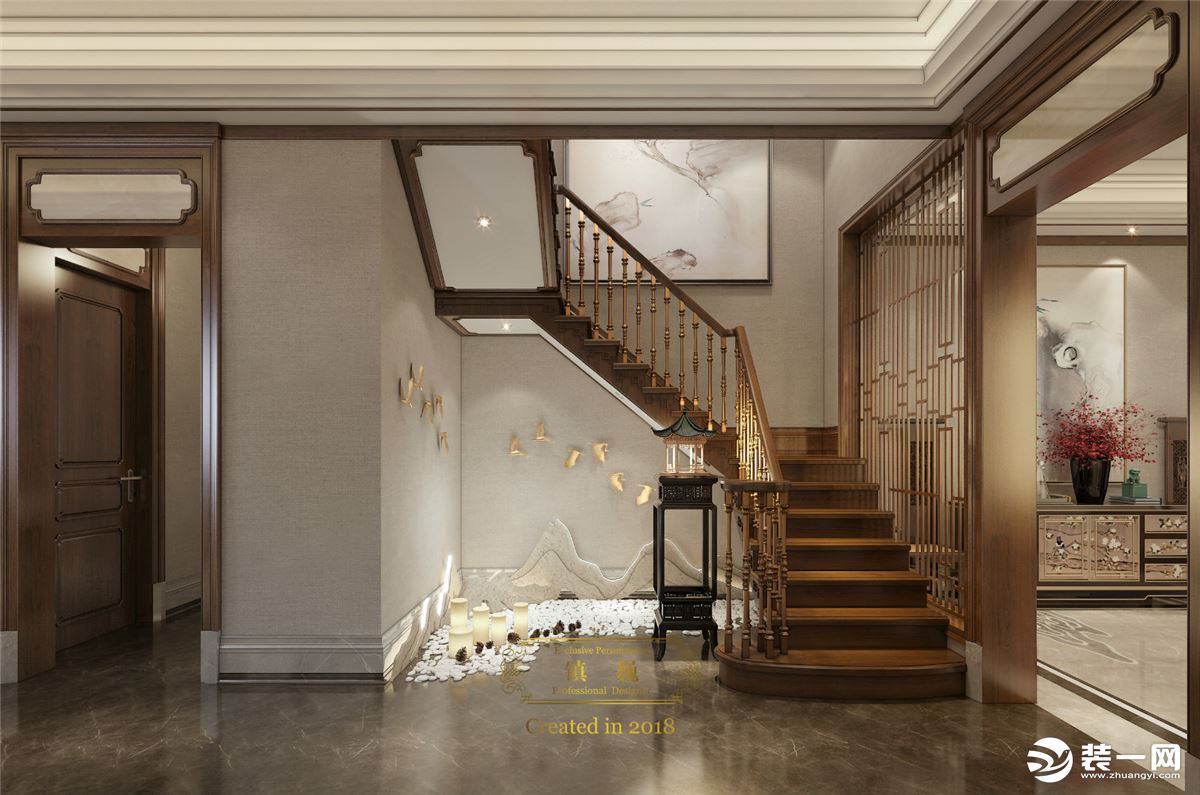 2013中式风格别墅室内高档全木楼梯扶手装修效果图 – 设计本装修效果图