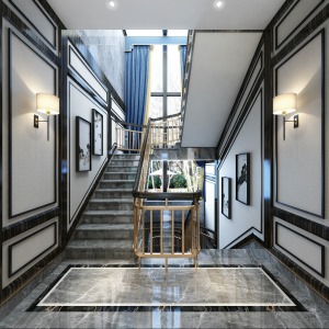宜昌龙盘湖高尔夫别墅6号380平新中式装修效果图楼梯