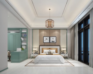 海南鲁能别墅520平方新中式风格装修案例主卧