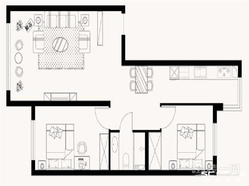 郑州铁道中州家园98平两居室新中式户型图