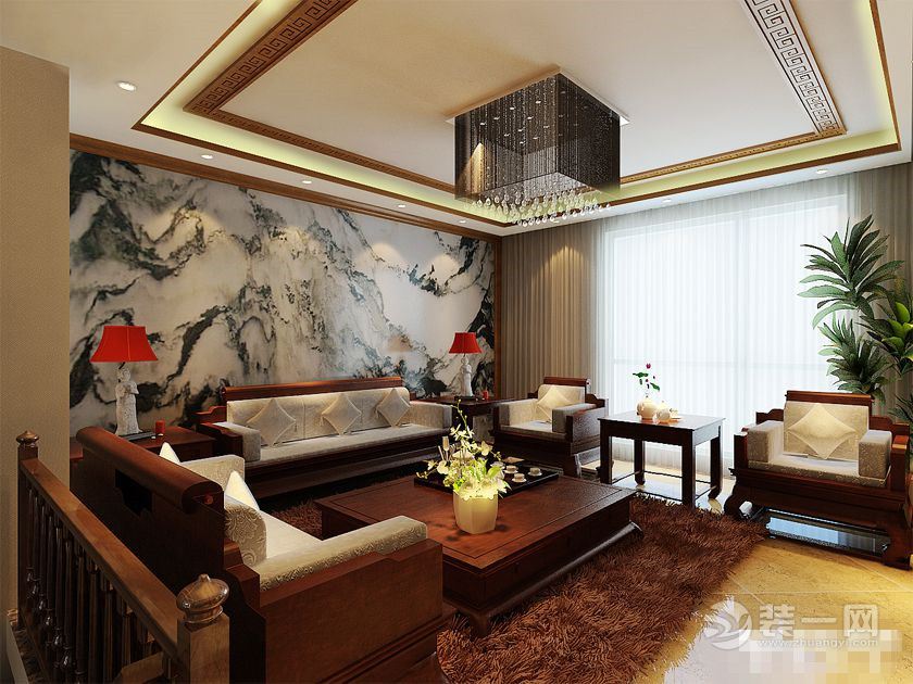 郑州中建观湖国际220平中式复式设计 沙发背景墙