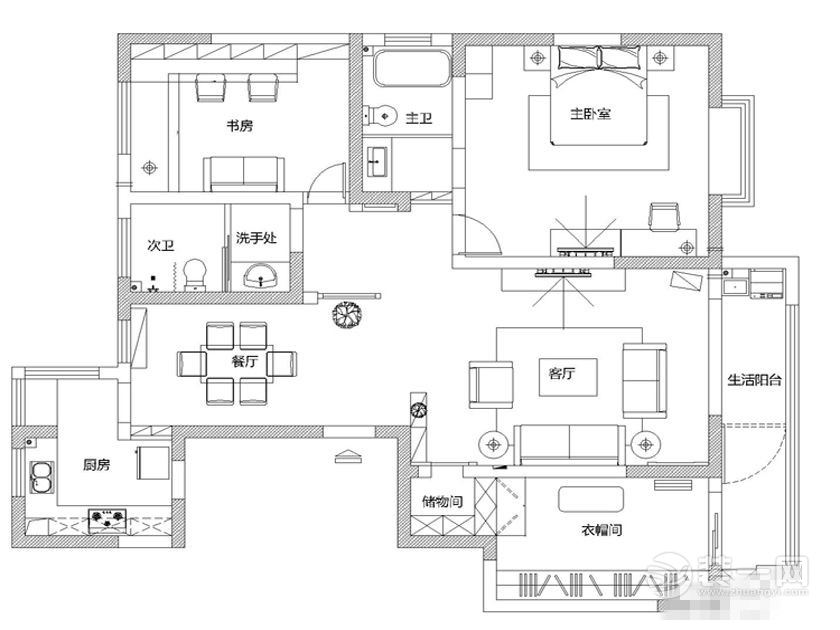 郑州清华大溪地140平三居室装修美式风情装修户型图