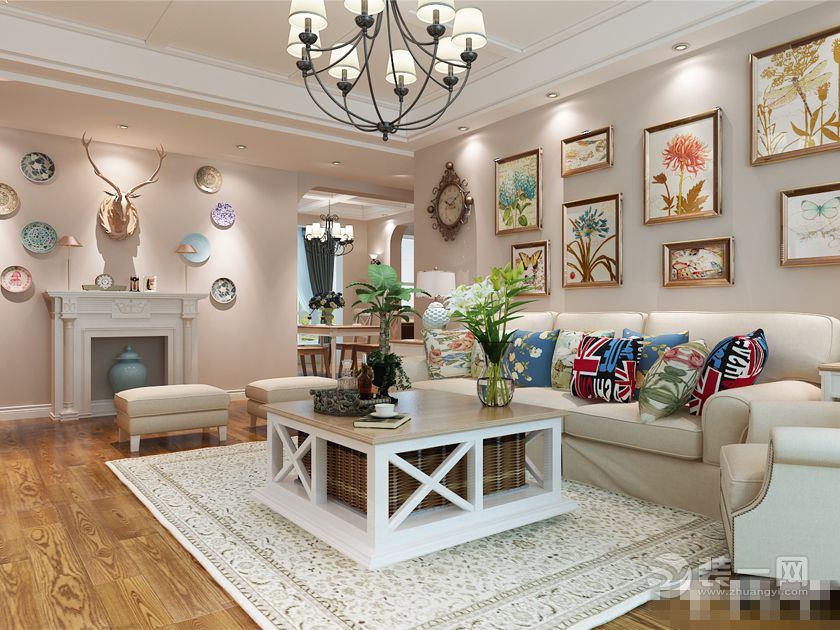 郑州锦绣家园140平装修-三居室美式风情沙发背景墙