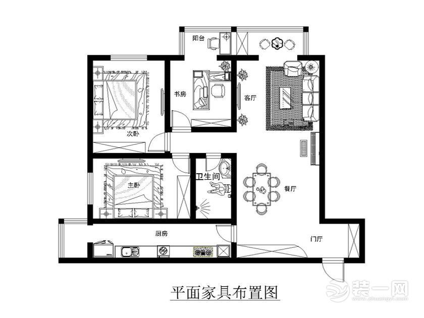 郑州警察学院家属院装修-130平三居室-混搭风情户型图