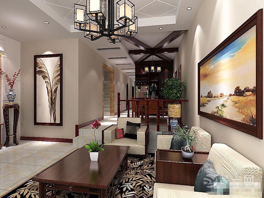 郑州国瑞城别墅装修-190平复式-新中式风情设计图-沙发背景墙
