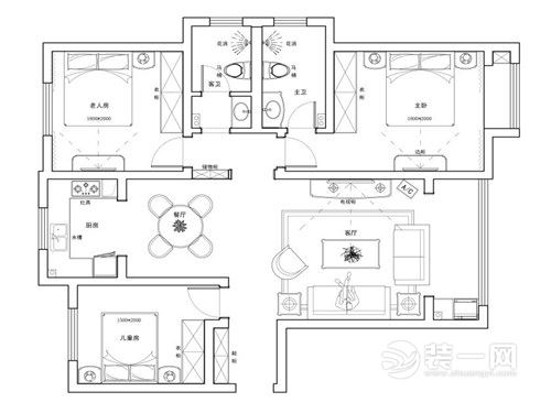完美家装-绿都紫荆华庭-128平装修-三居室装修-美式效果图集-户型图