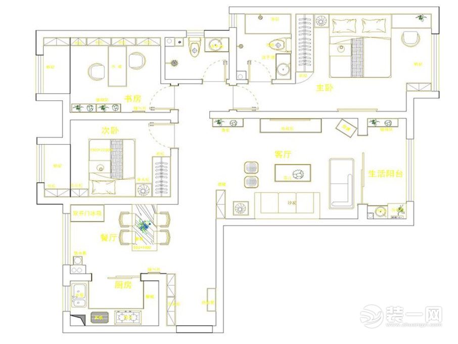 正弘中央公园现代简约117平三居室装修图-户型图