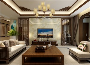 百合花园装修-140平带地下室-中式风情设计方案-客厅