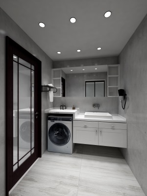 卫生间运用灰色主调，直接防水石膏板，空间更舒适美观