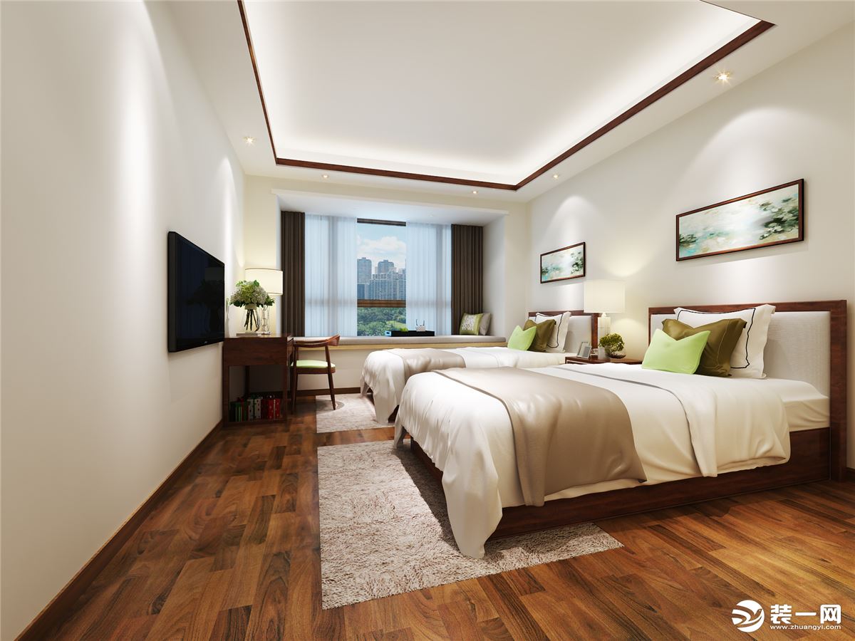 效果图三亚瀚海银滩三居室新中式120平装修卧室