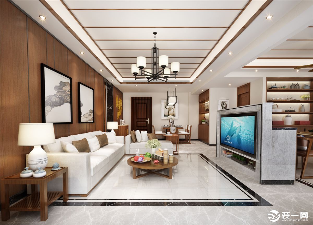 效果图三亚瀚海银滩三居室新中式120平装修客厅