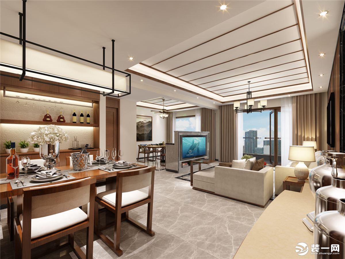 效果图三亚瀚海银滩三居室新中式120平装修客厅