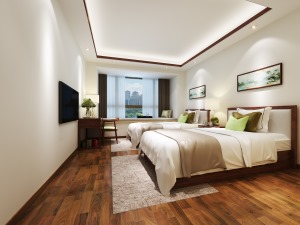 效果图三亚瀚海银滩三居室新中式120平装修卧室
