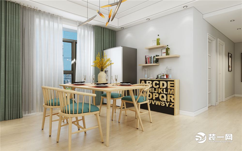 餐厅区在设计上与客厅的家具色调保持一致，使得整体风格更为统一。墙面运用的搁板节约了空间又美化了空间。