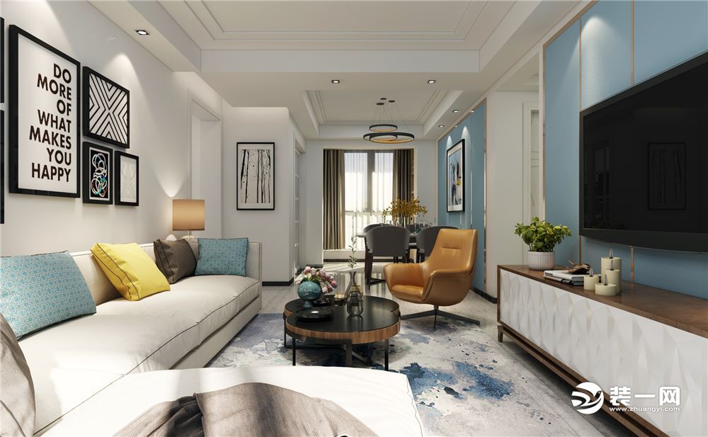 客厅的沙发背景墙是浅灰色，增加了整体质感，明黄色抱枕点缀其中，灯具和挂画小装饰是现代风格典范，