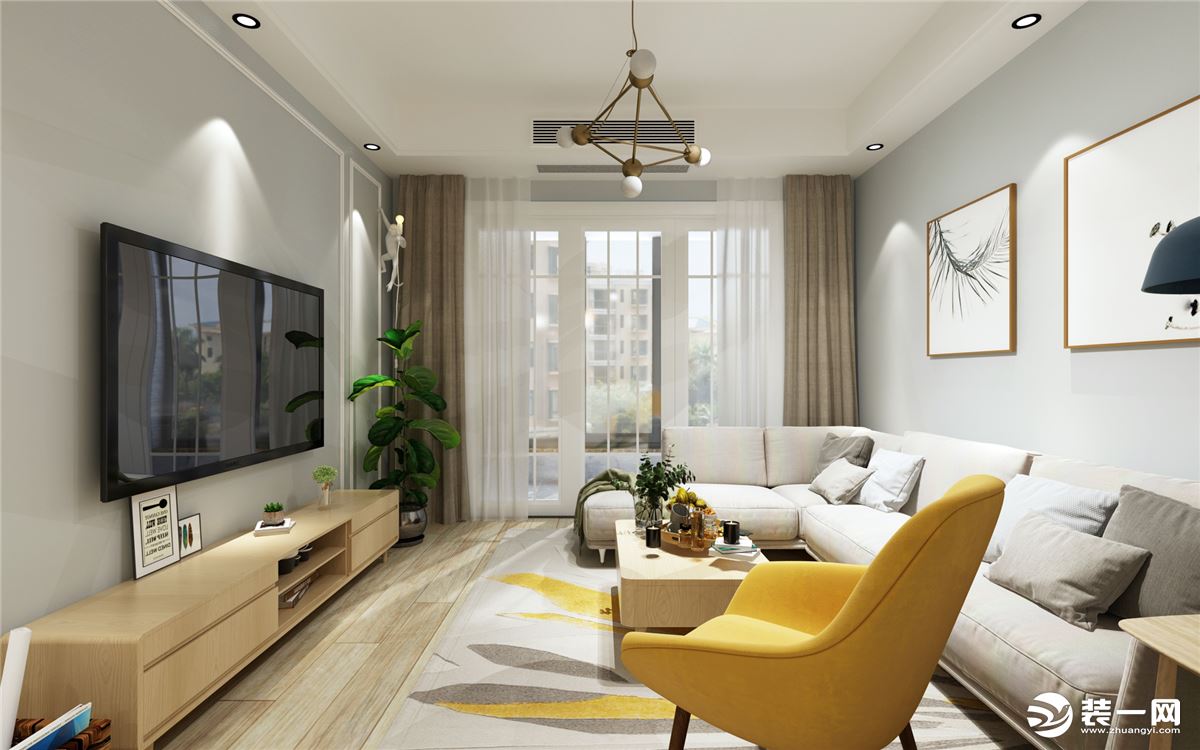 鑫源人才公寓80平二室现代简约风格装修效果图客厅