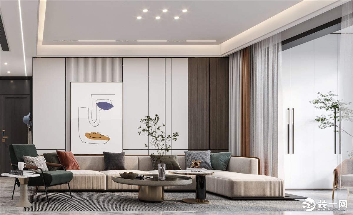 客厅采用泛光源  打造出一种既能满足照明，  又能烘托氛围的内建筑空间设计感。  线条感十足的家居饰