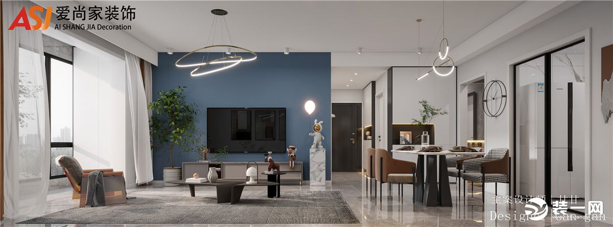 客厅，一个功能齐全却灵动俏皮的生活场域，  设计师在打造实用性的同时，  加入了浪漫的蓝色调与时髦的