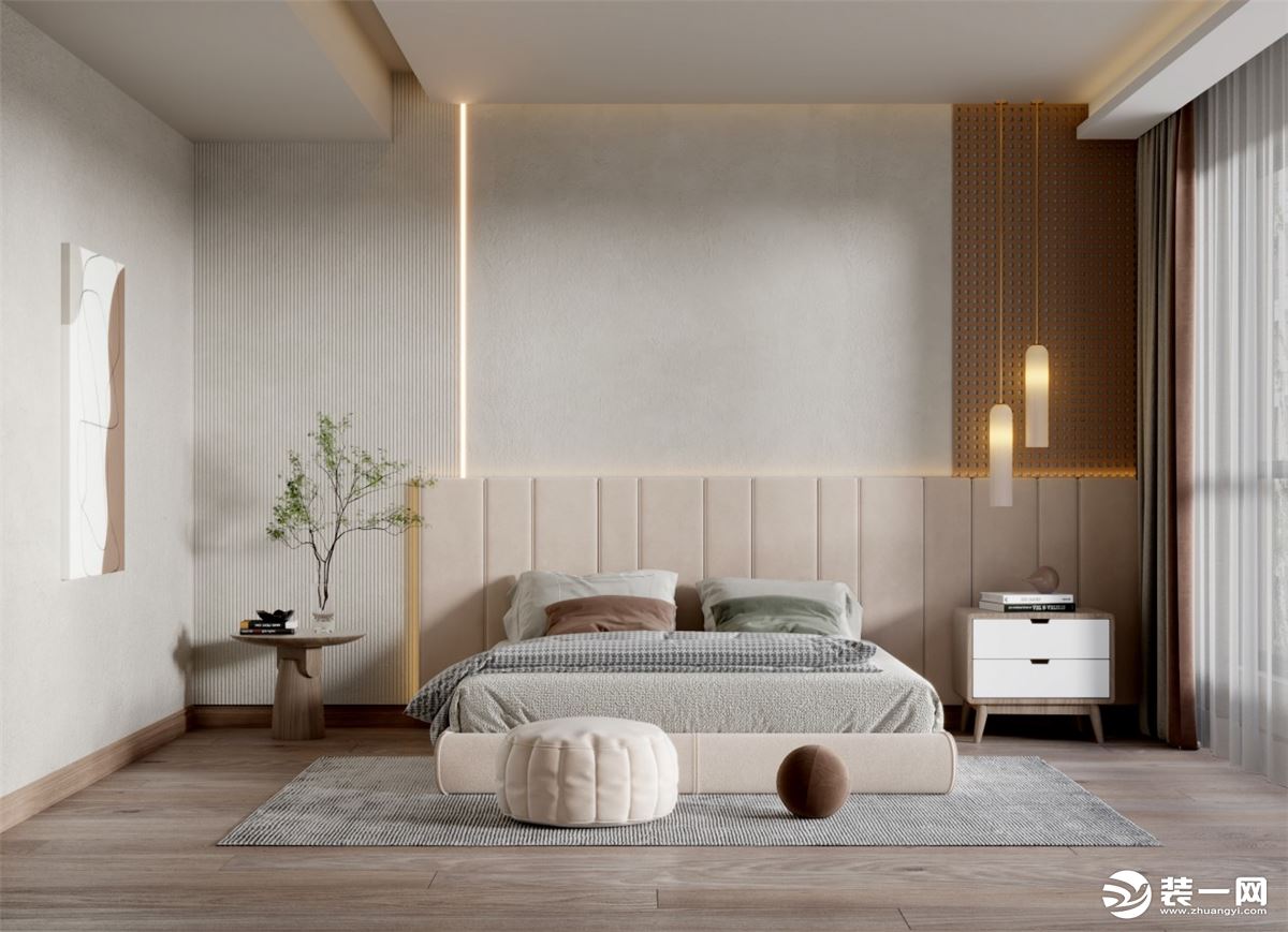 卧室的地面，与整体风格完美融合，  不仅提升空间层次，  还透露出一种高级感。  隐藏式光源是侘寂风
