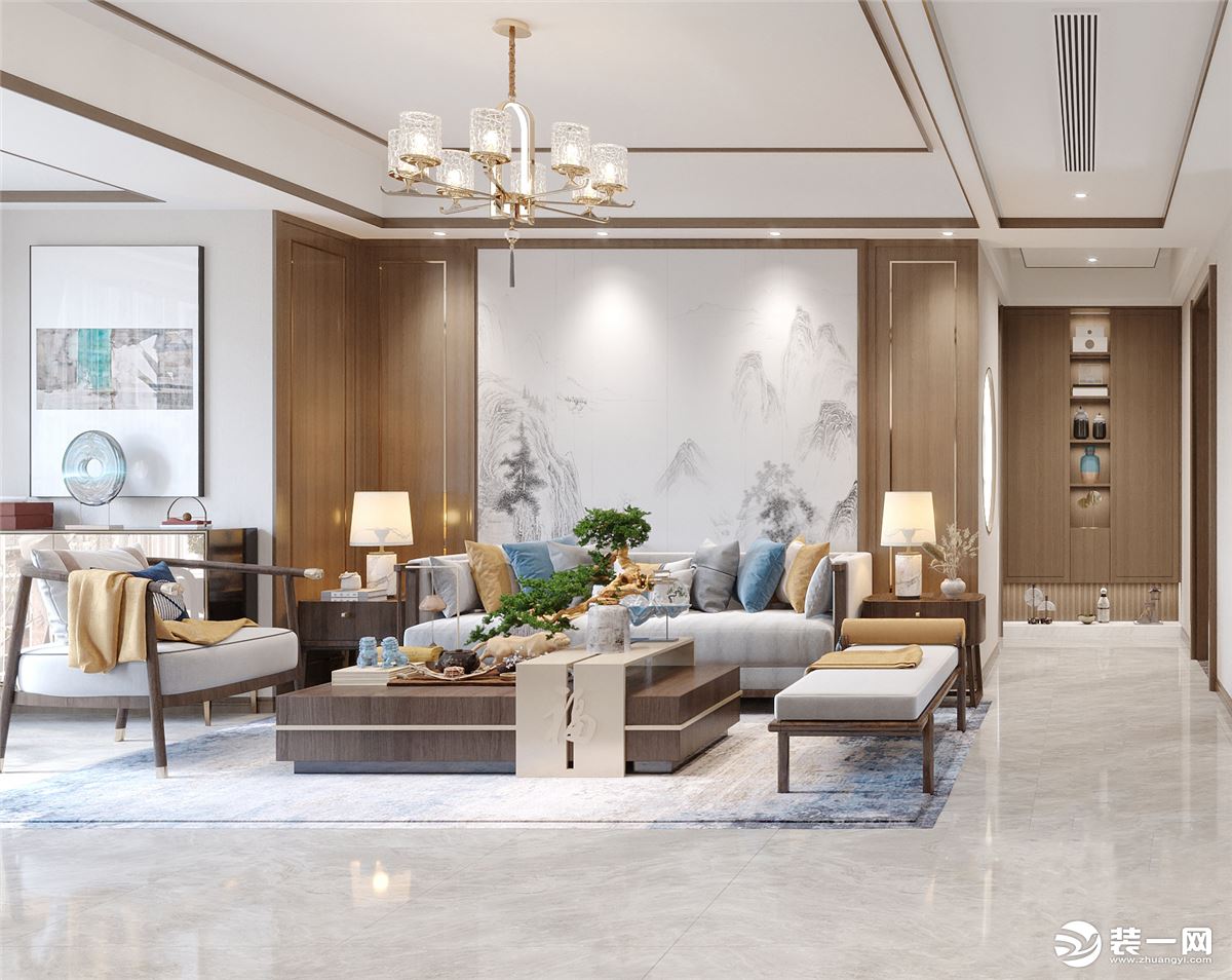 客厅整体以灰白两色为主，  加上大理石、木饰面、岩板、玻璃等材质的运用，  营造极简现代的居家环境。
