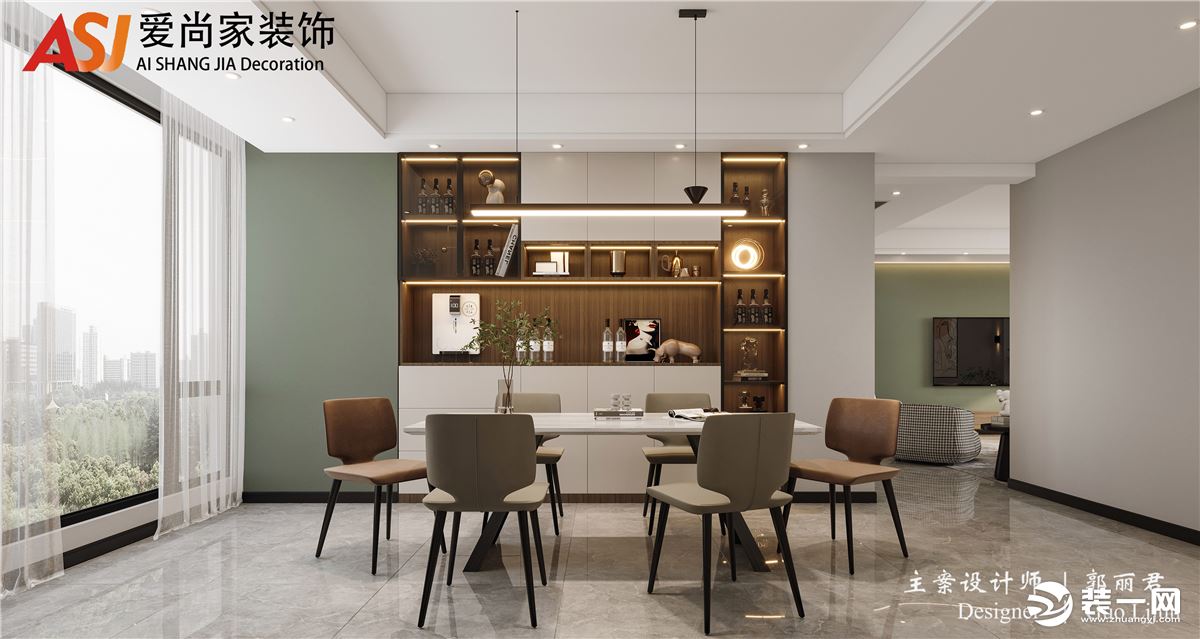 客厅的色调主题是青春，使得空间清丽淡雅。绿植稍加点缀成为了客厅当中亮眼元素，使得空间环境的色彩表达更
