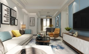 客厅的沙发背景墙是浅灰色，增加了整体质感，明黄色抱枕点缀其中，灯具和挂画小装饰是现代风格典范，