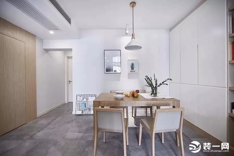 中海国际社区95㎡现代简约三居餐厅大白墙、收纳柜、置物架简洁实用省空间——家合装饰