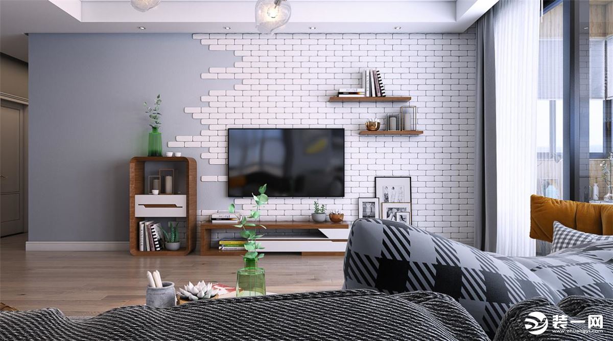 再利用方格墙砖和装饰画等软装饰品来中和灰色墙面的单调感，通过色彩的巧妙搭配来提升居室的质感