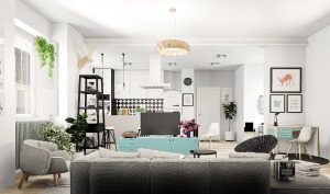 客厅在黑白灰配色的基础上，添加一抹苹果绿等暖色系色调的电视柜和书柜，加上绿植的点缀，