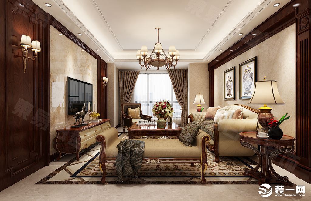 客厅装修效果图复地东湖国际133平美式古典风格装修效果图