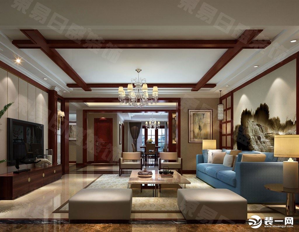 客厅装修效果图兰亭珑府250平新中式风格效果图