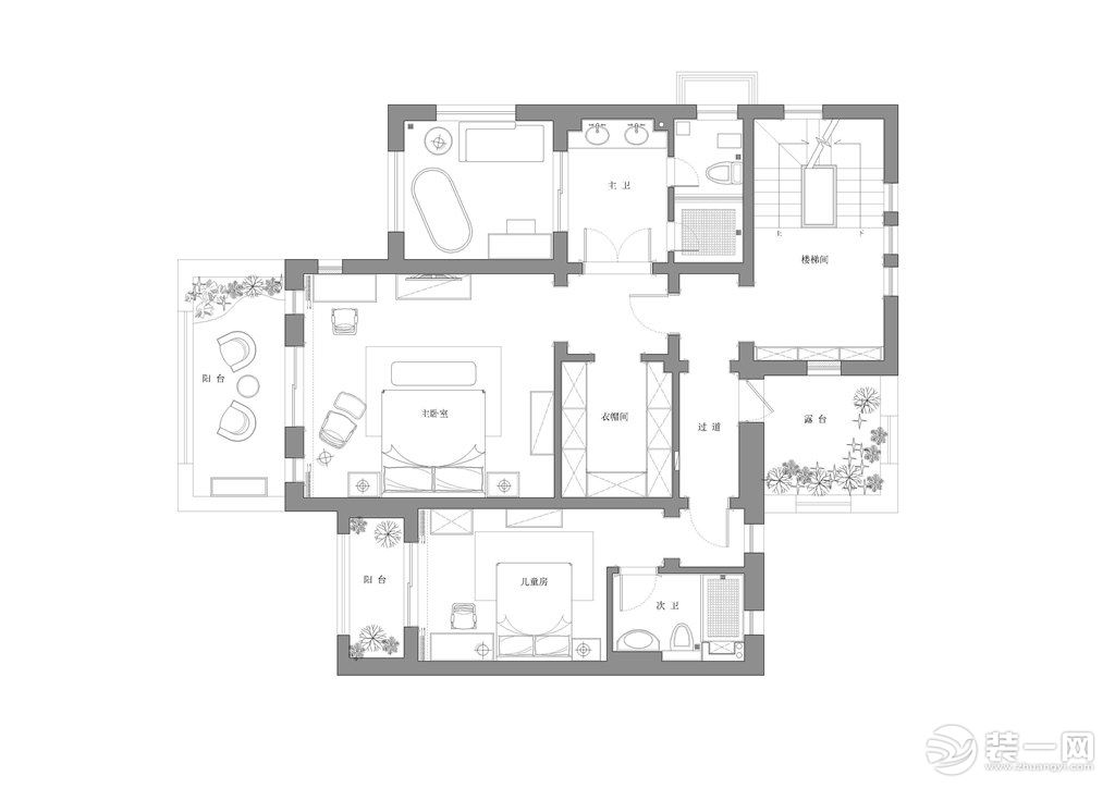 本案主体设计风格为美式风格，利用墙板、石材、硅藻泥、壁布等等，不同的材质的质感和颜色，去塑造空间的层