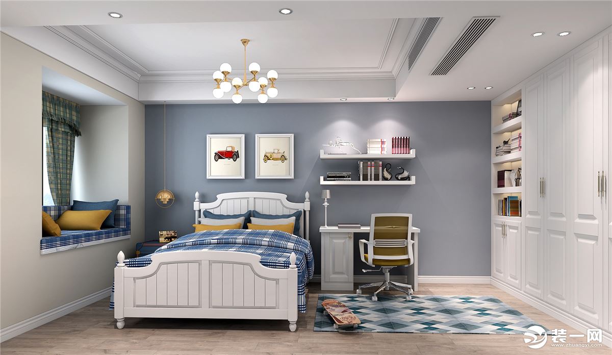 卧室使用木地板搭配美式家具，同时家具造型较为简洁大方。