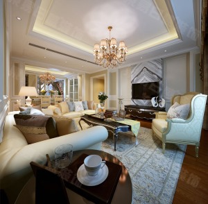客厅装修效果图大华南湖世家160平美式装修效果图