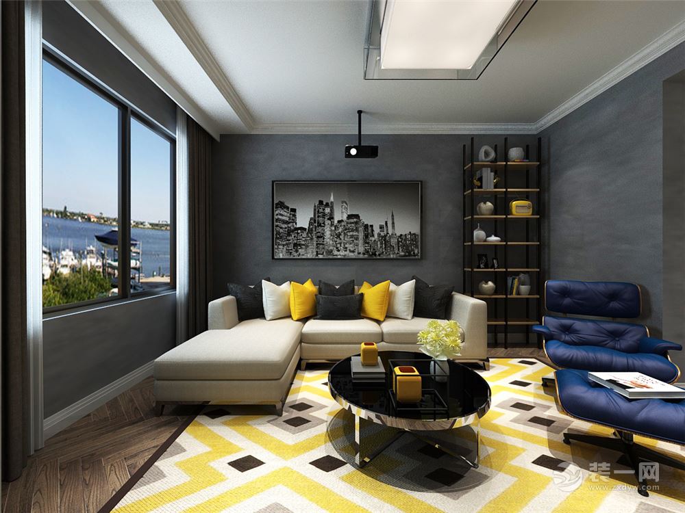 客厅灰色墙面，浅色沙发，搭配黄色地毯以及蓝色沙发椅，色彩搭配明显提亮整个空间