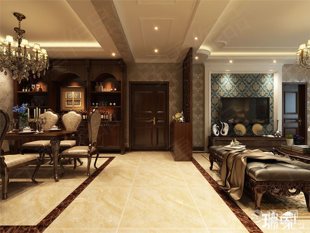 雅居乐139㎡四室二厅二卫美式风格装修效果图客餐厅