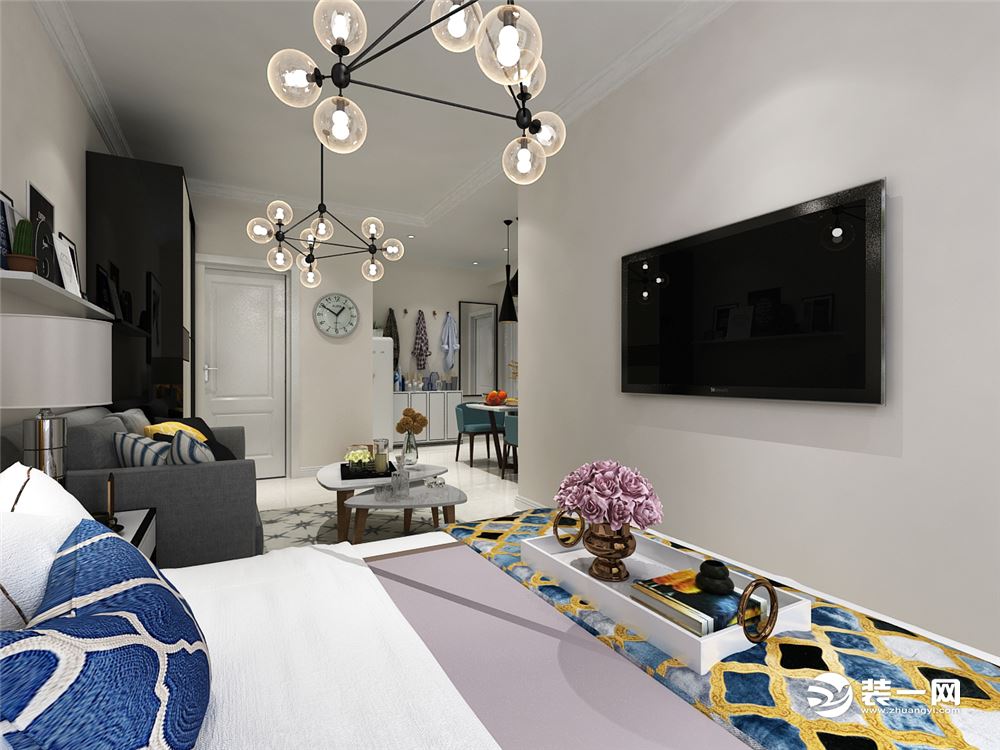 新润万寿里50㎡一室一厅一卫现代简约风格装修效果图客厅与卧室