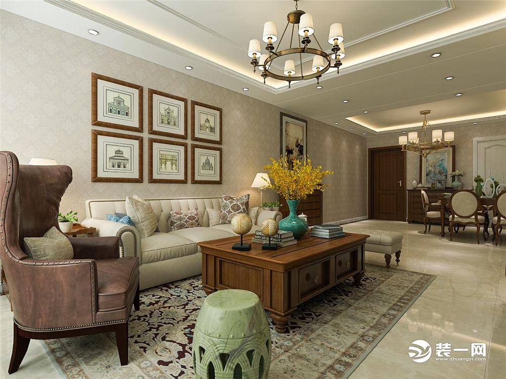 客厅简单的沙发搭配精致的地毯，背景墙的壁纸整体给人以简洁优雅的氛围感，靠窗的布局整体也是显得格外的明