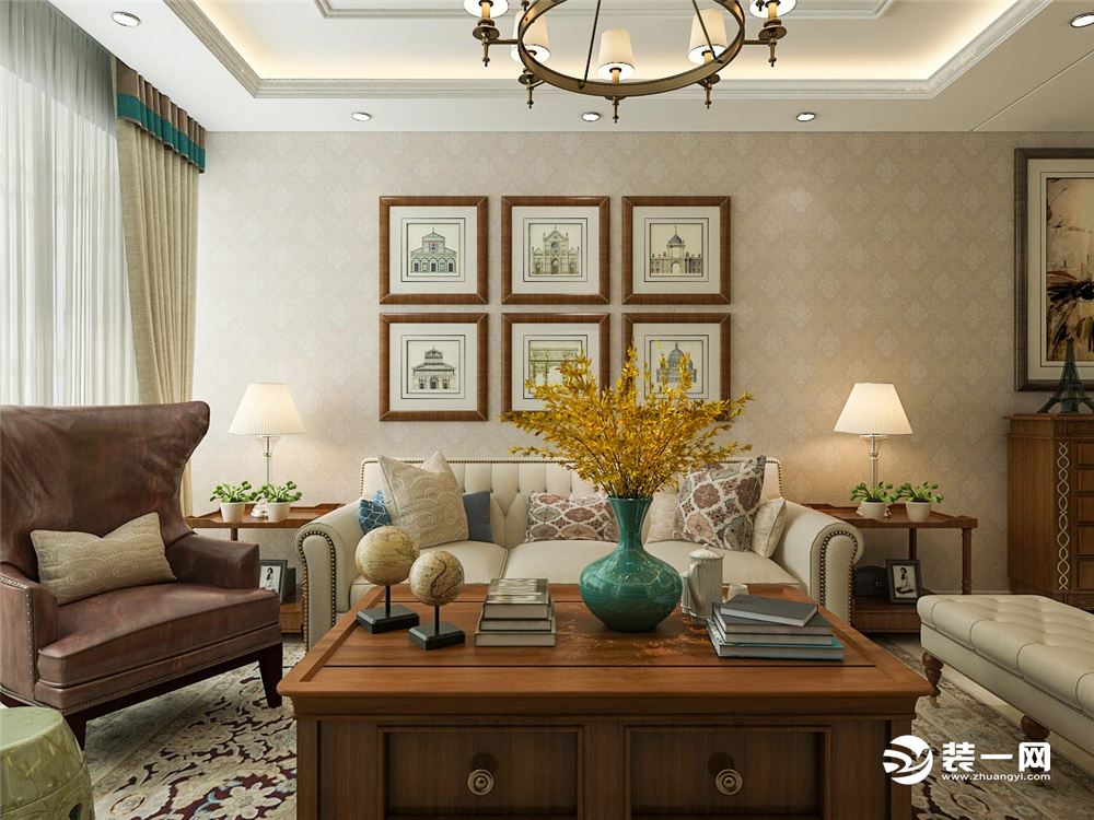 客厅简单的沙发搭配精致的地毯，背景墙的壁纸整体给人以简洁优雅的氛围感，靠窗的布局整体也是显得格外的明