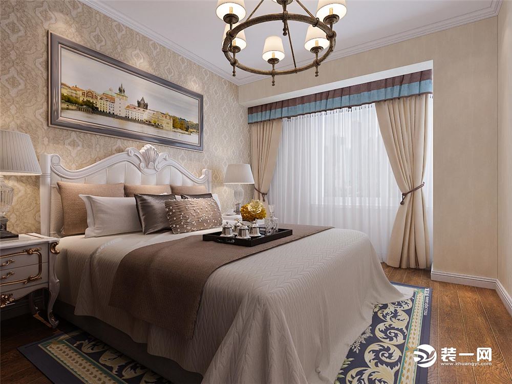 卧室整体淡雅的空间格调，搭配背景墙的壁纸，整个空间都显得清闲舒适又端庄大方