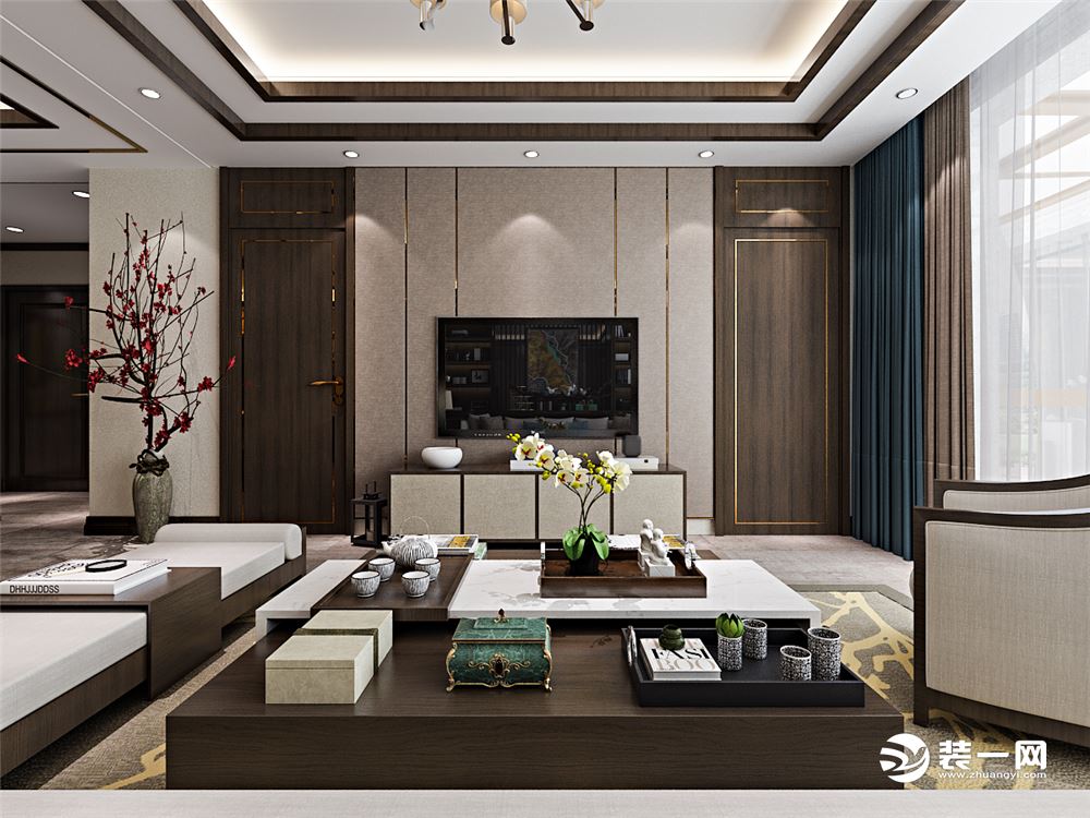 电视柜完美融入中国风元素，茶几造型独特，耐人寻味。白色的沙发搭配的背景墙装饰架，美不胜收
