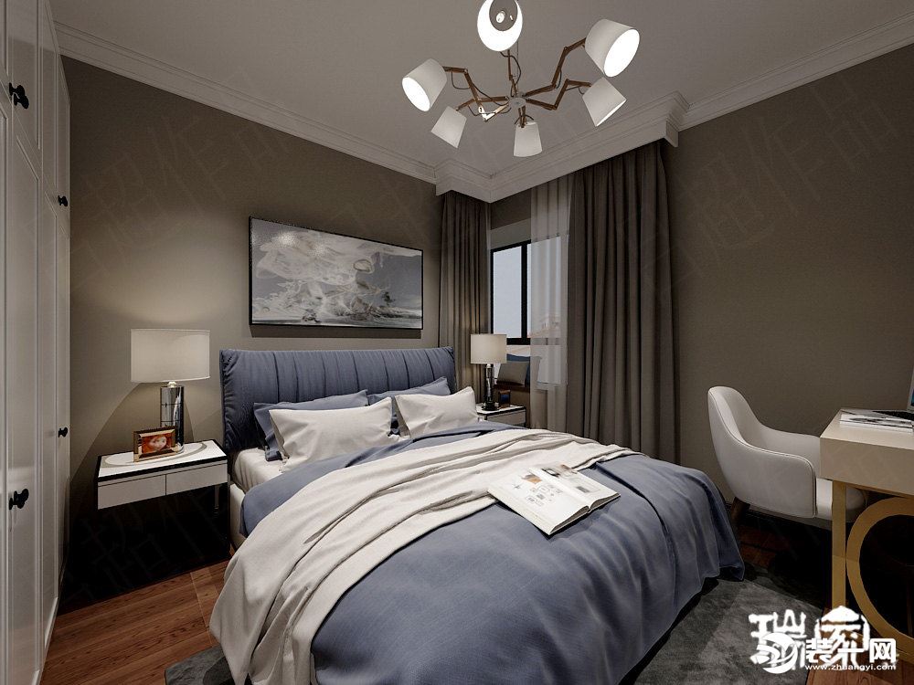 卧室以灰色为主调，时尚安静，永不过时，简单中不失品味，给人一种干净利落的时尚感，大气而暖心。