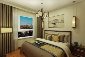 【世茂五里河】118㎡三室一厅一卫简约中式风格效果图卧室