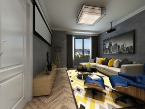 客厅灰色墙面，浅色沙发，搭配黄色地毯以及蓝色沙发椅，色彩搭配明显提亮整个空间