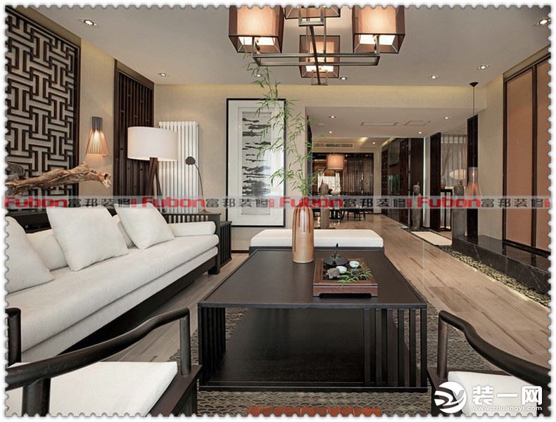 【合肥富邦装饰】琥珀五环城170平米 中式风格+客厅