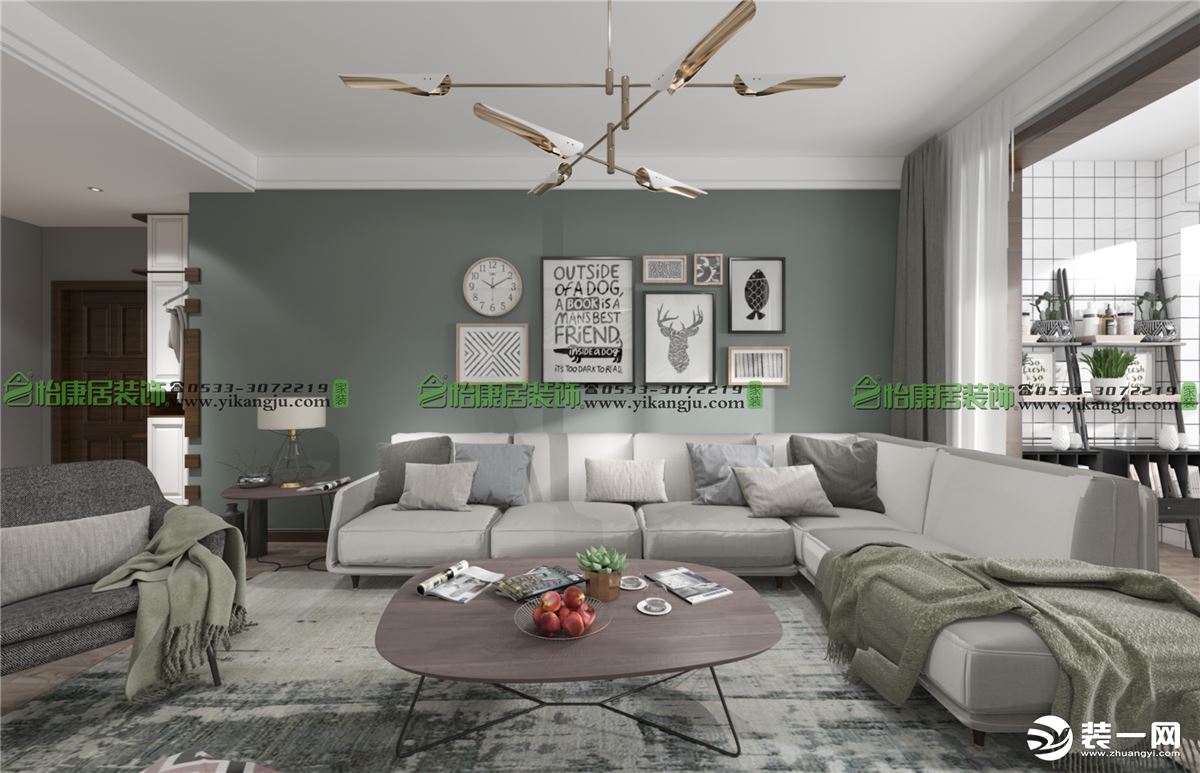 客厅背景墙整面纯色搭配艺术挂画，与抱枕形成呼应，再加上金色吊灯和布艺沙发，让空间更加文艺浪漫。极具线
